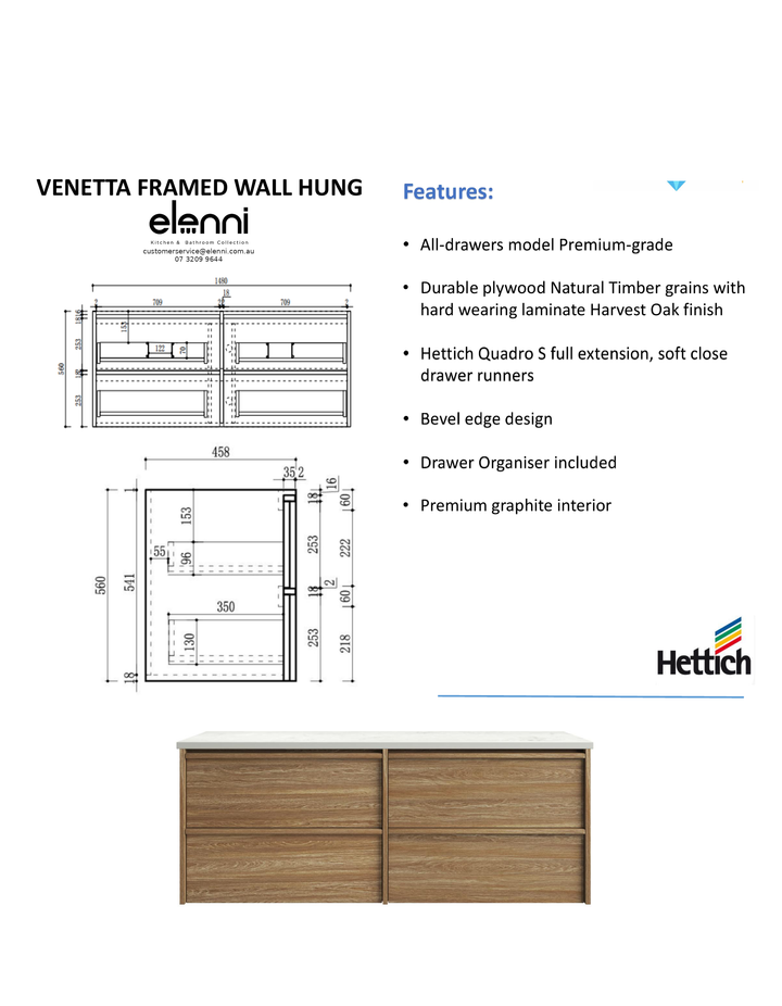 Elenni specification sheet - Venetta Framed Wall Hung Harvest Oak 1500mm