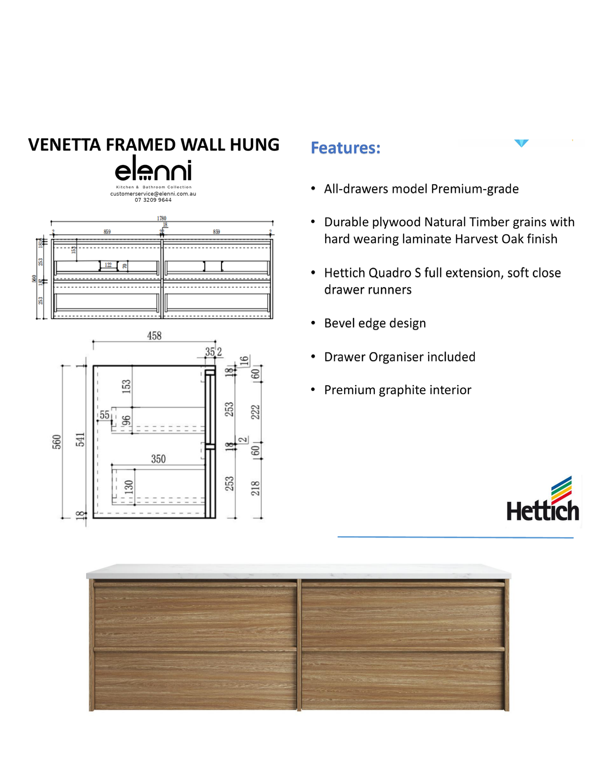 Elenni specification sheet - Venetta Framed Wall Hung Harvest Oak 1800mm