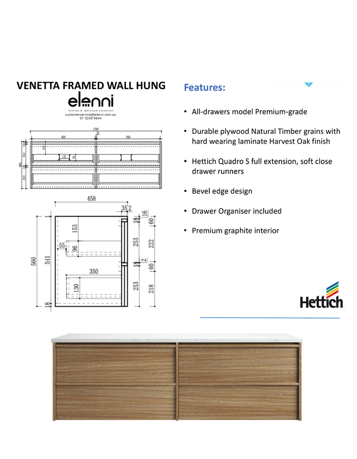 Elenni specification sheet - Venetta Framed Wall Hung Harvest Oak 1800mm