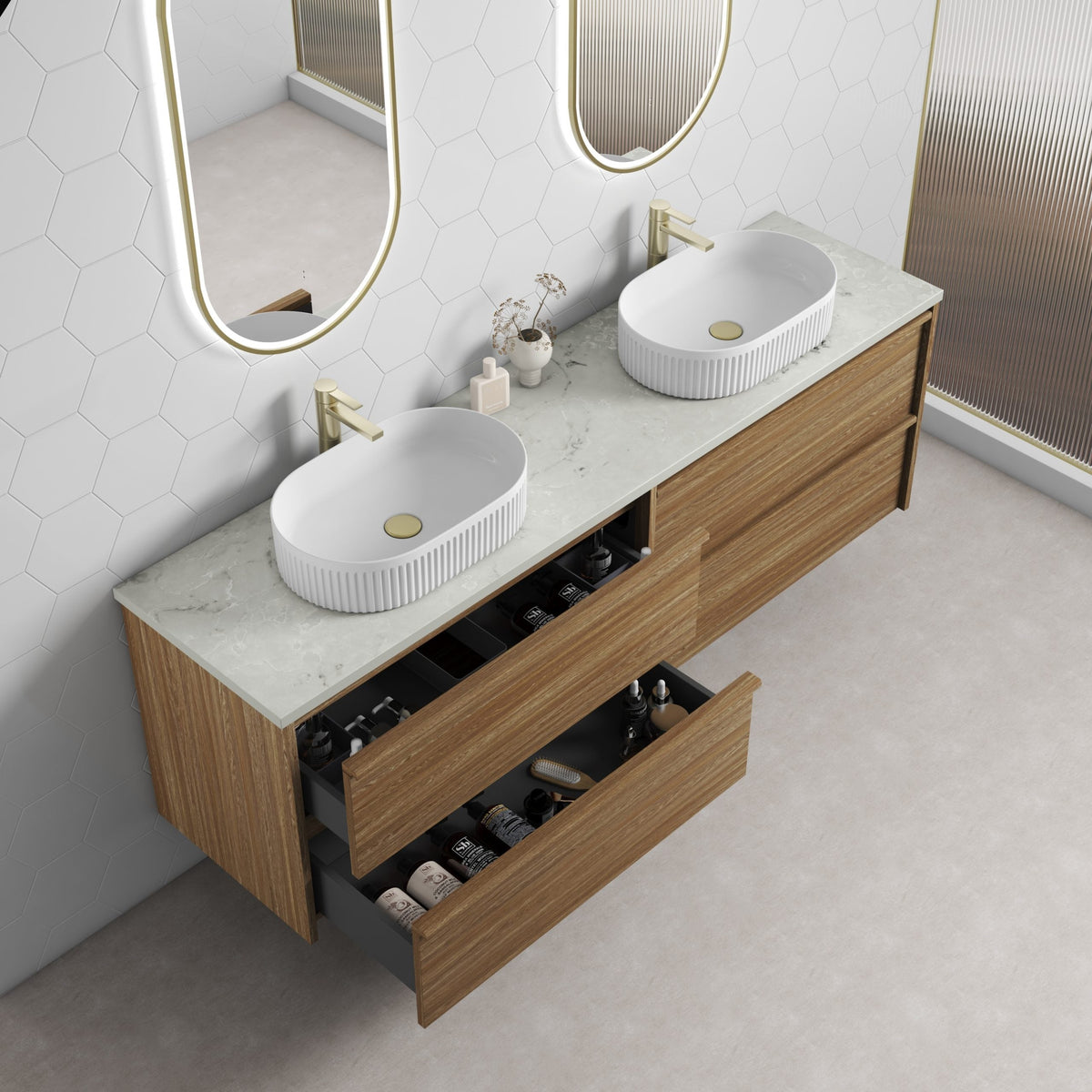 Venetta Framed Wall Hung Harvest Oak 1800mm — Aulic lifestyle (gallery)