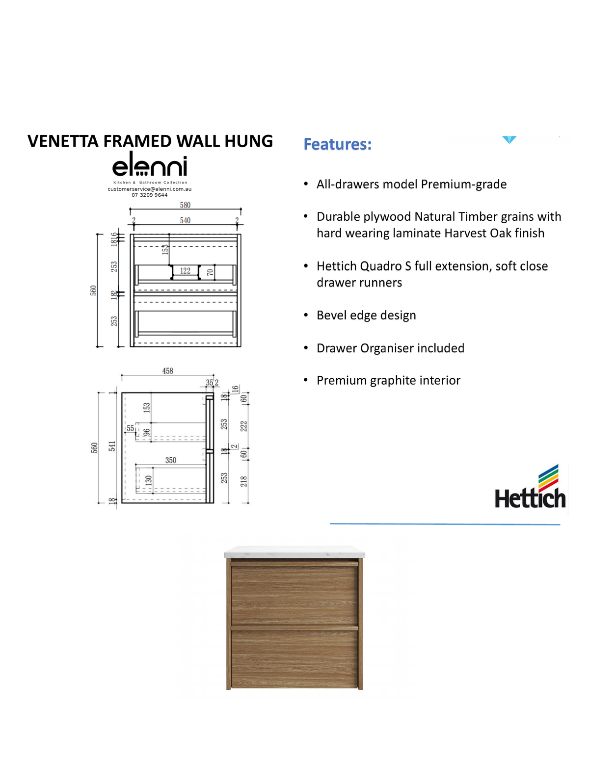 Elenni specification sheet - Venetta Framed Wall Hung Harvest Oak 600mm