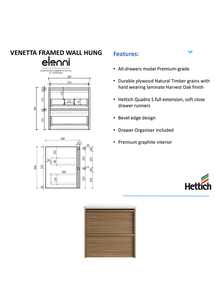 Elenni specification sheet - Venetta Framed Wall Hung Harvest Oak 600mm