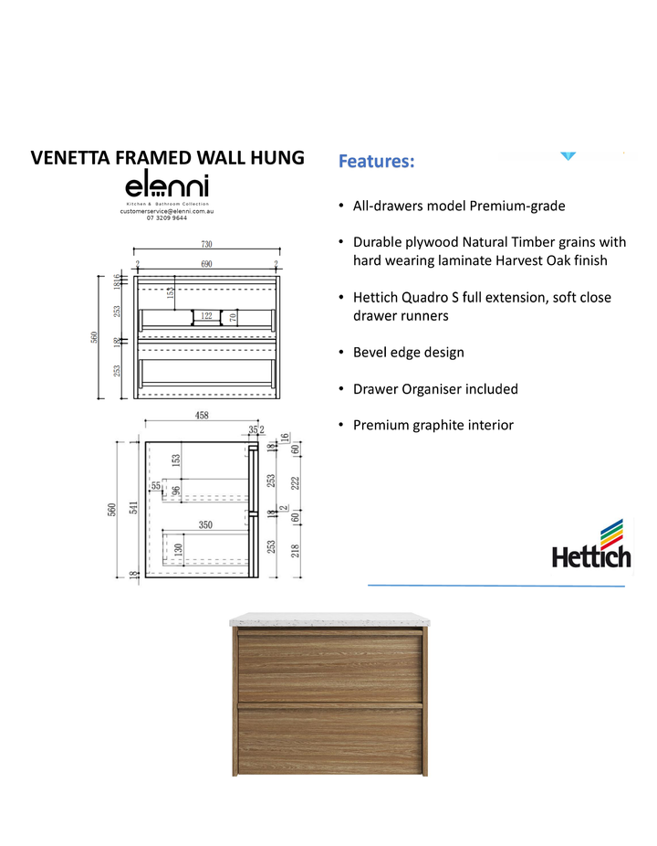Elenni specification sheet - Venetta Framed Wall Hung Harvest Oak 750mm