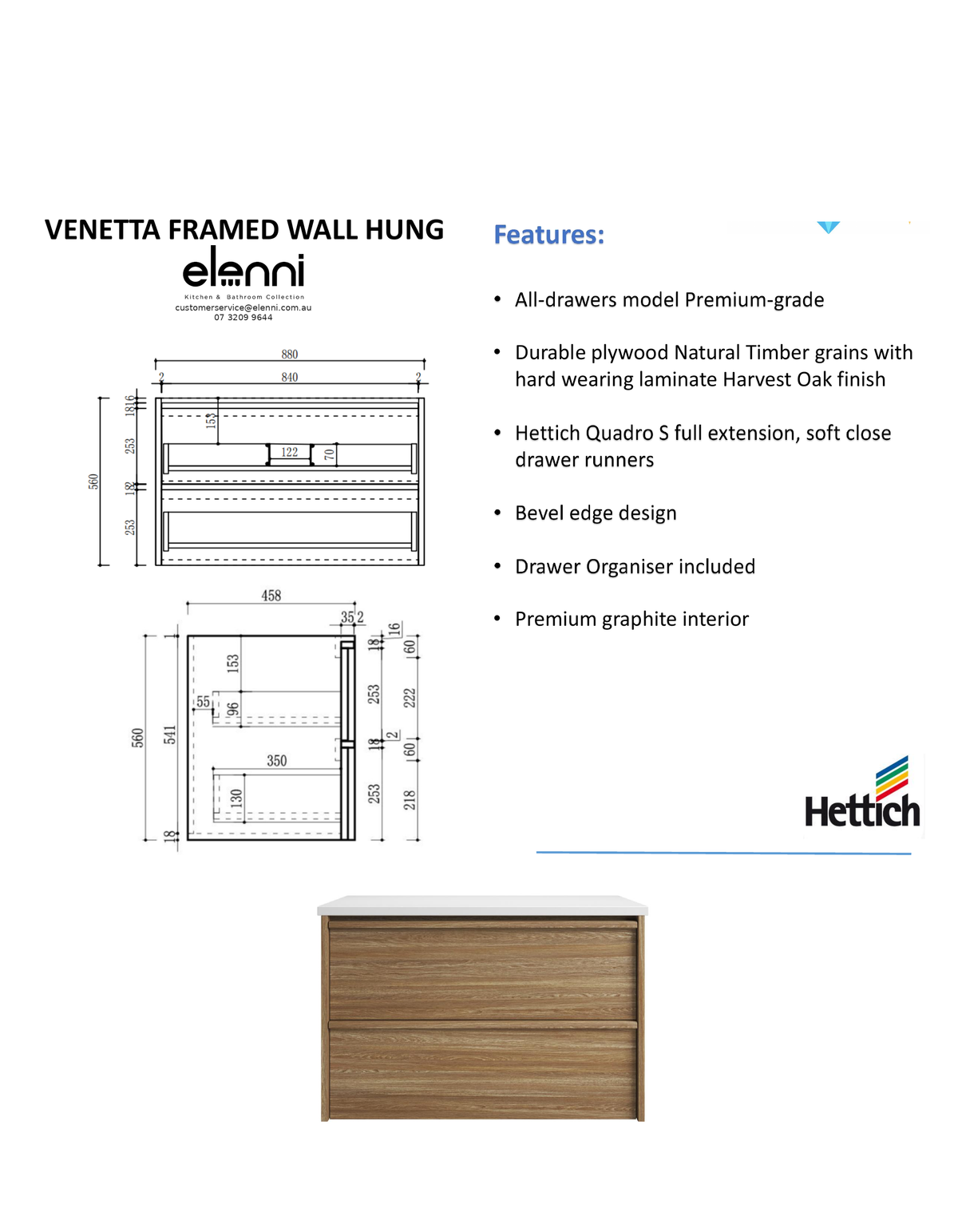 Elenni specification sheet - Venetta Framed Wall Hung Harvest Oak 900mm
