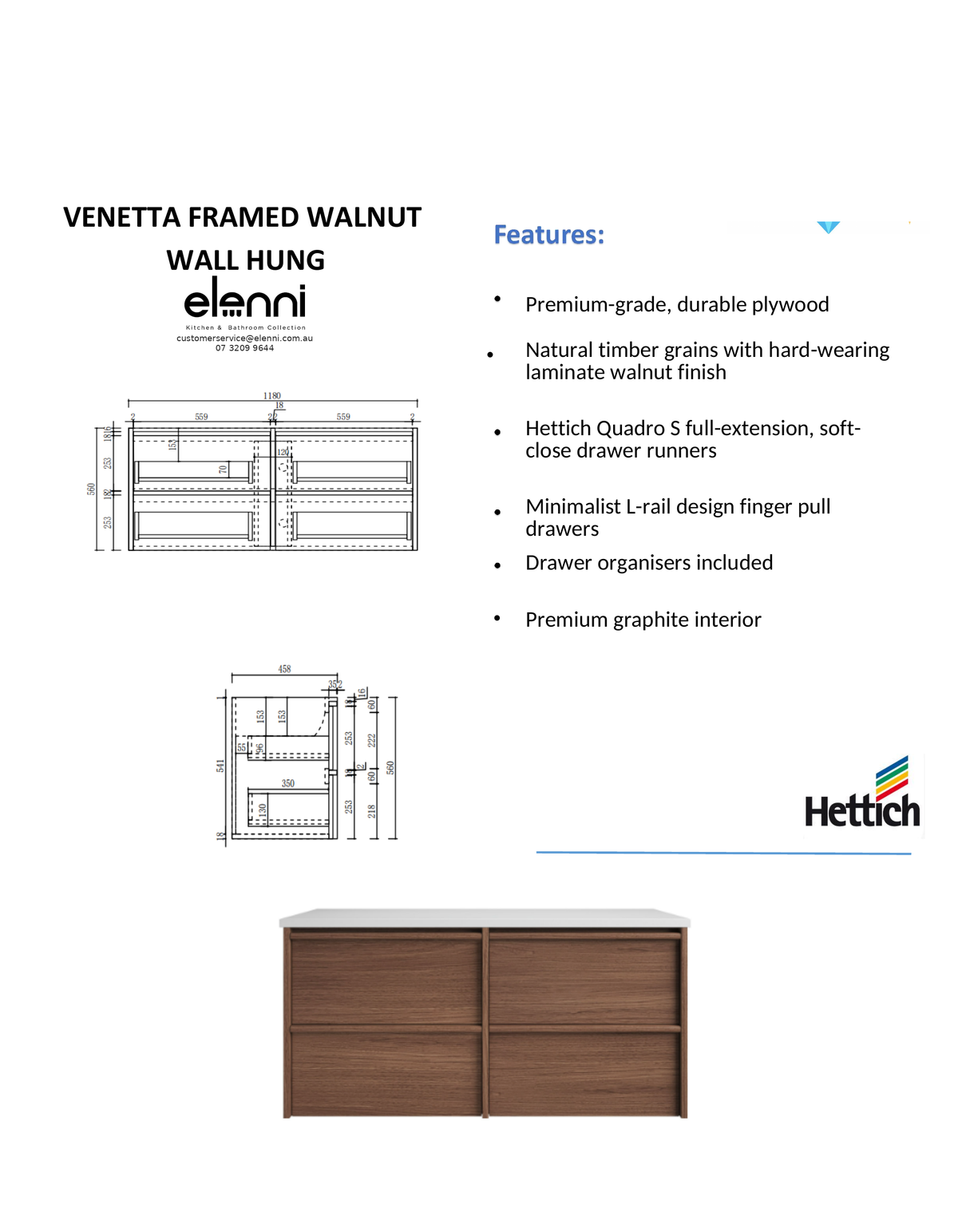 Elenni specification sheet - Venetta Framed Wall Hung Walnut 1200mm
