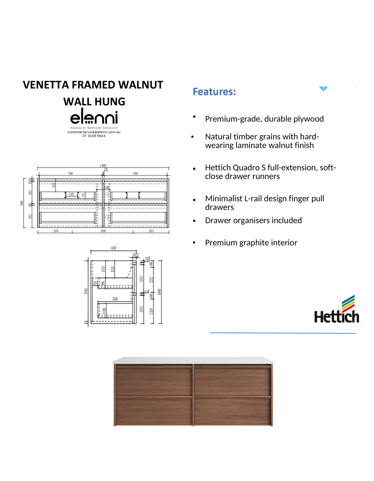 Elenni specification sheet - Venetta Framed Wall Hung Walnut 1500mm