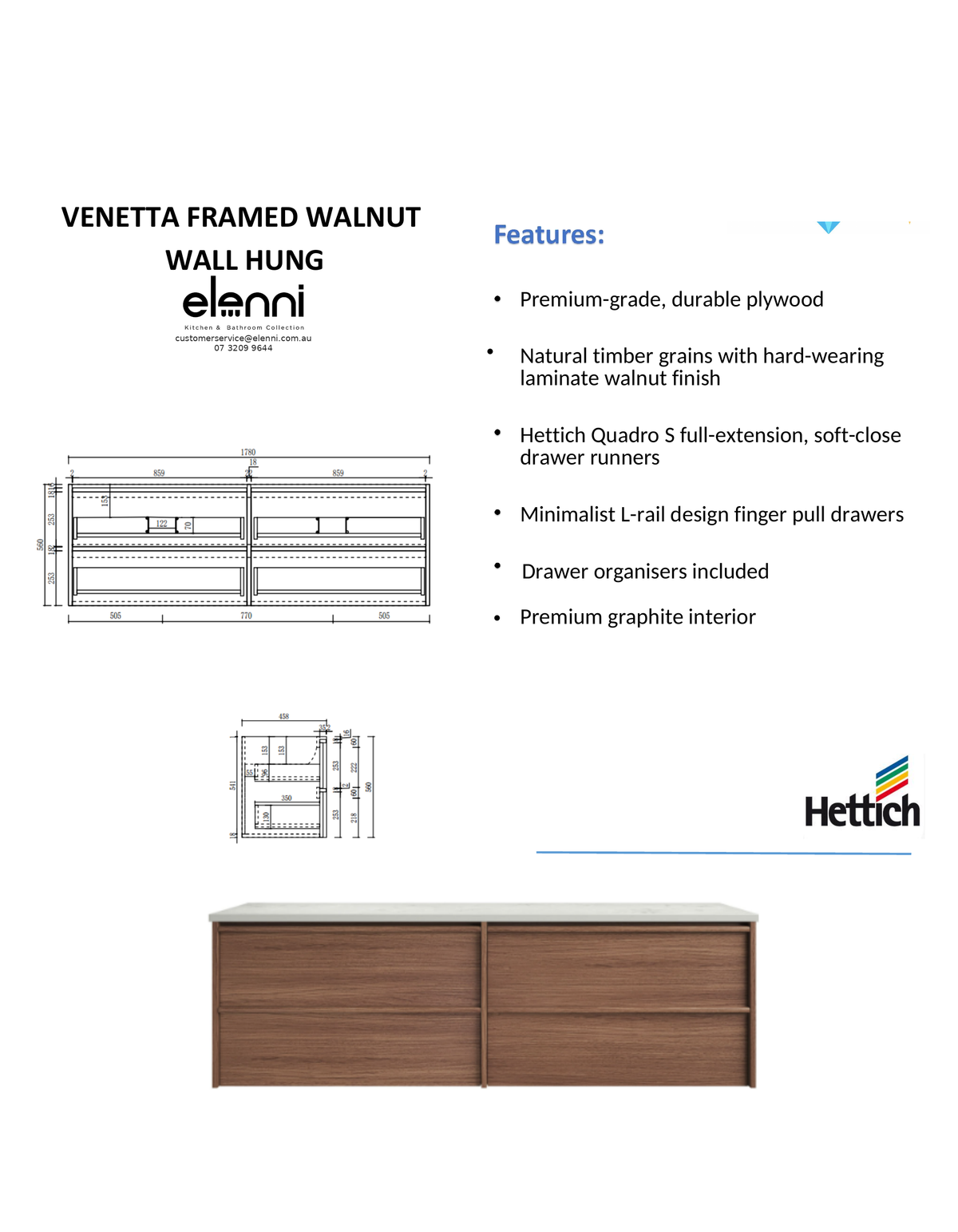 Elenni specification sheet - Venetta Framed Wall Hung Walnut 1800mm