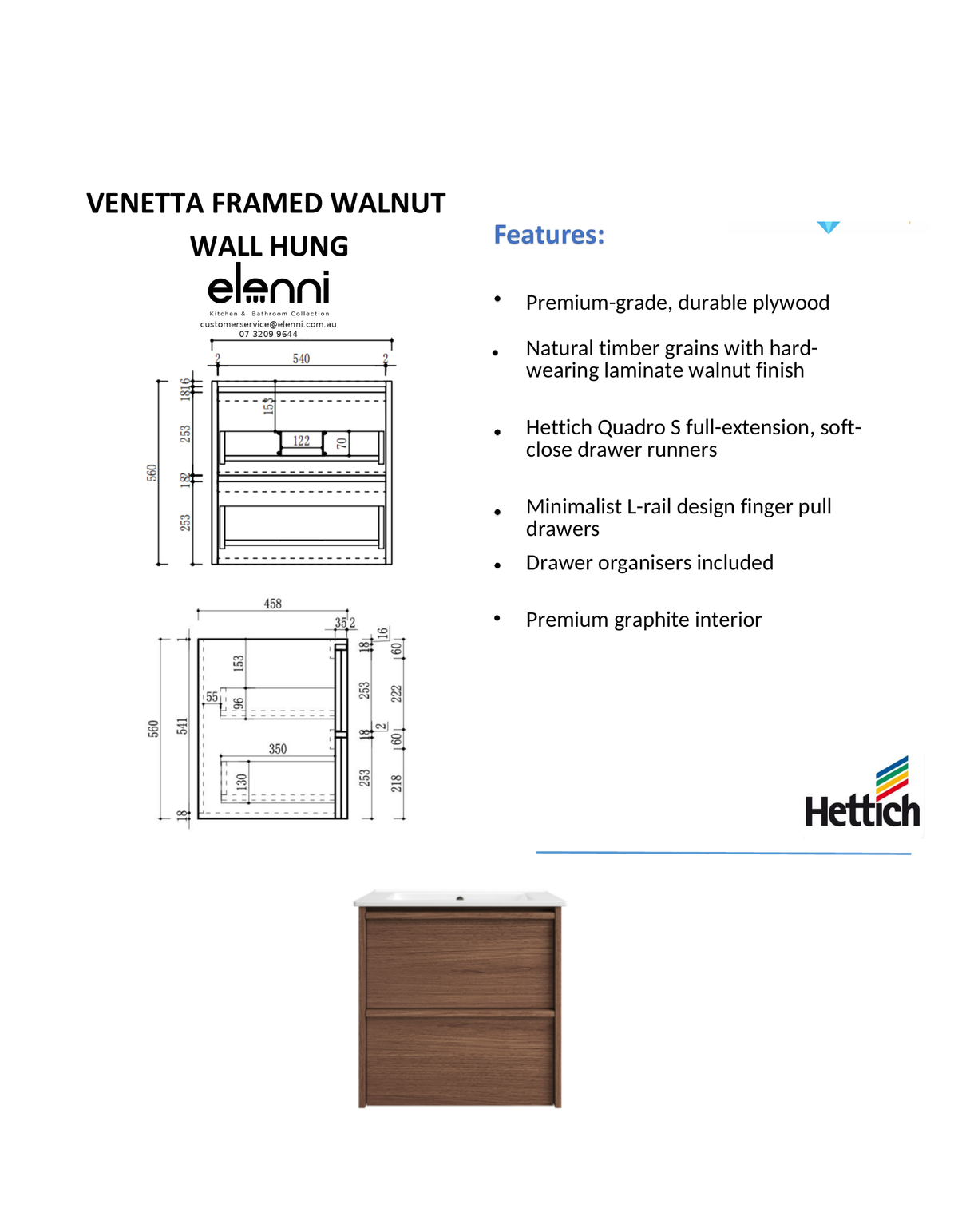 Elenni specification sheet - Venetta Framed Wall Hung Walnut 600mm