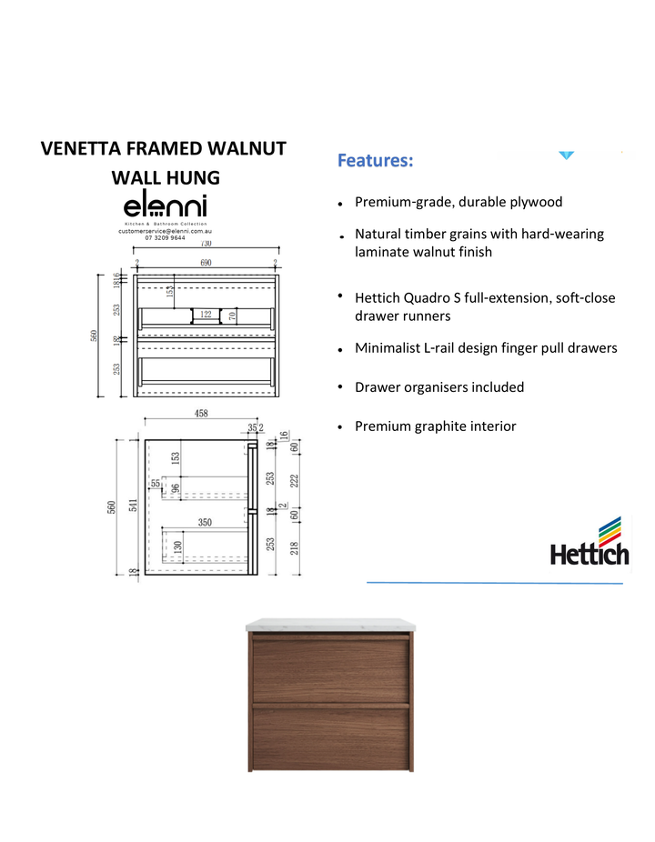 Elenni specification sheet - Venetta Framed Wall Hung Walnut 750mm