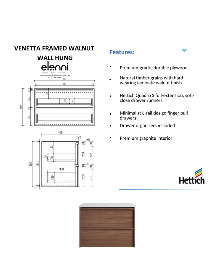 Elenni specification sheet - Venetta Framed Wall Hung Walnut 900mm