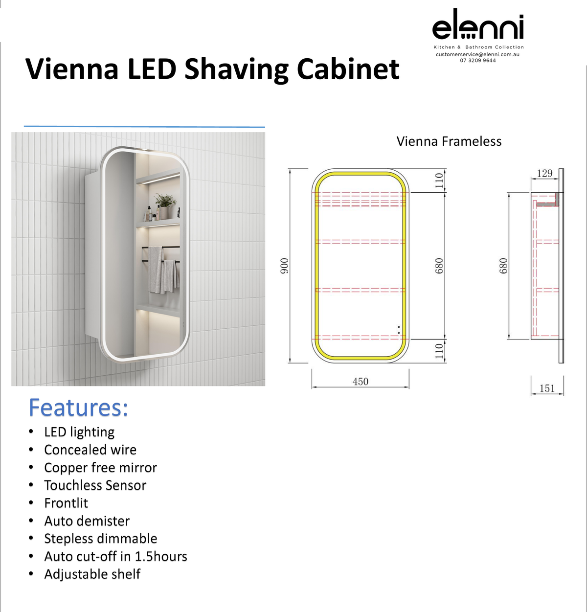 Elenni specification sheet - Vienna LED Shaving Cabinet