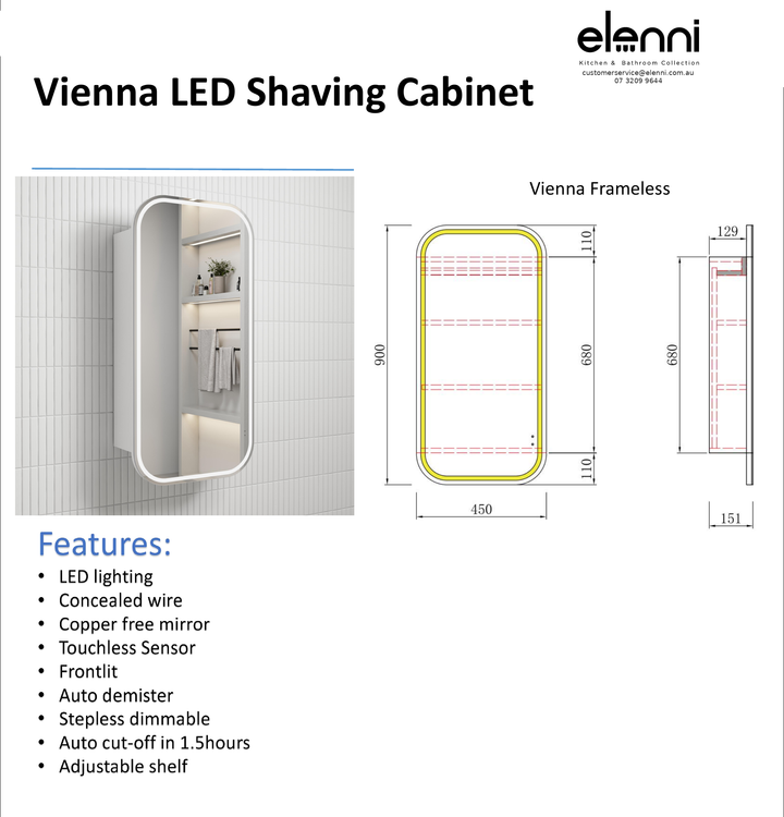Elenni specification sheet - Vienna LED Shaving Cabinet