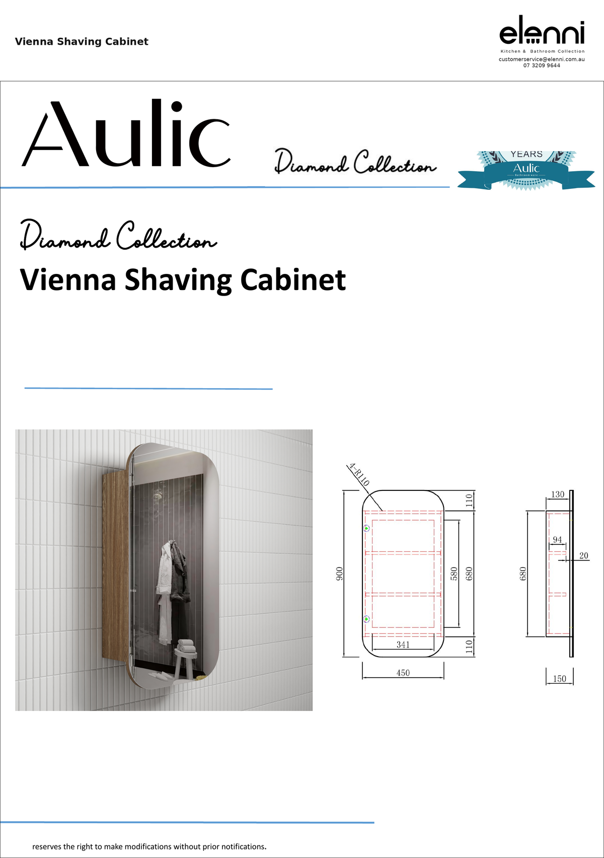Vienna Shaving Cabinet — specification sheet (Elenni)