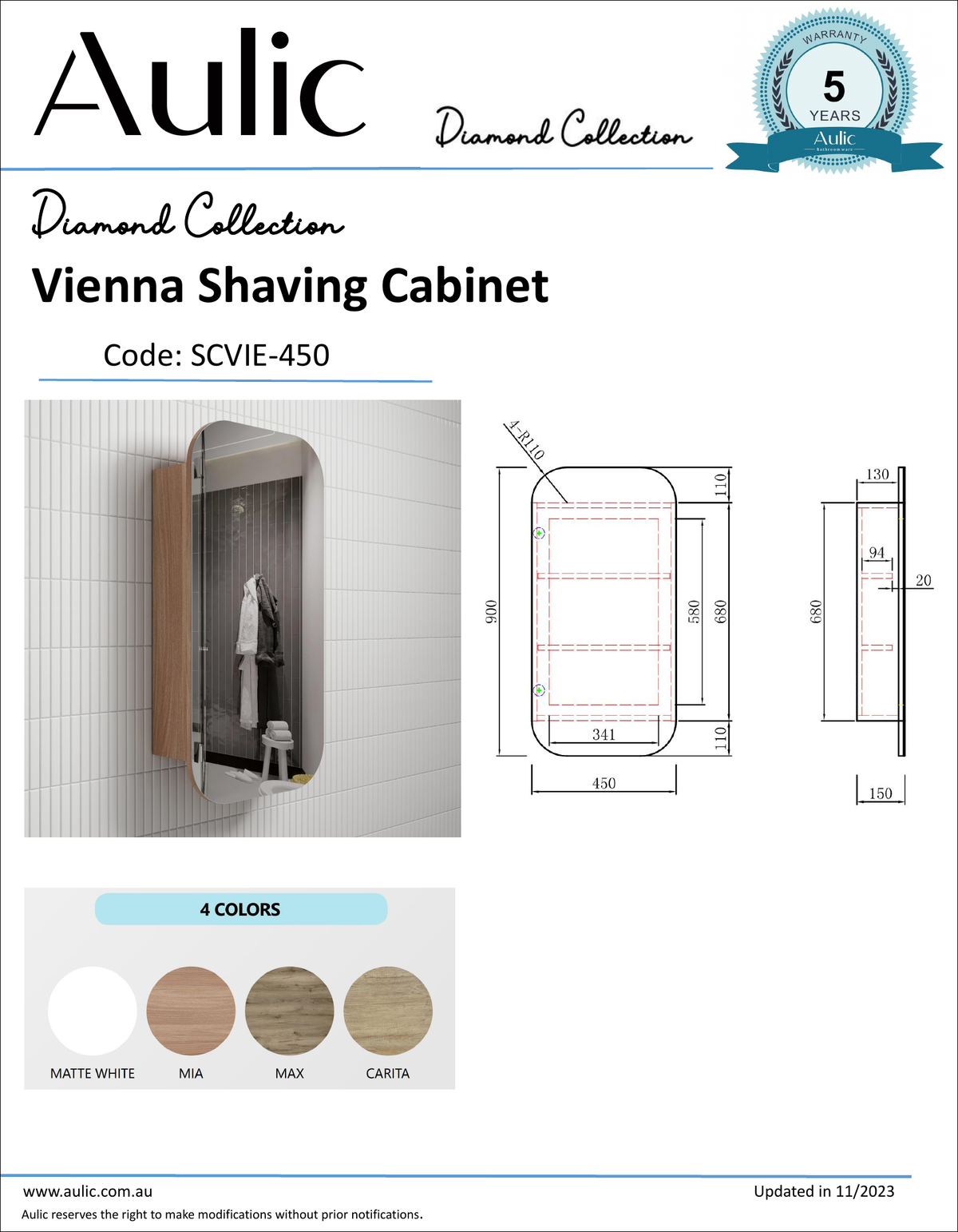 aulic-vienna-shaving-cabinet specification diagram dimensions