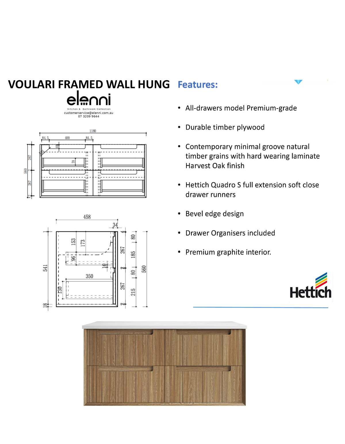 Elenni specification sheet - Voulari Framed Wall Hung Harvest Oak 1200mm