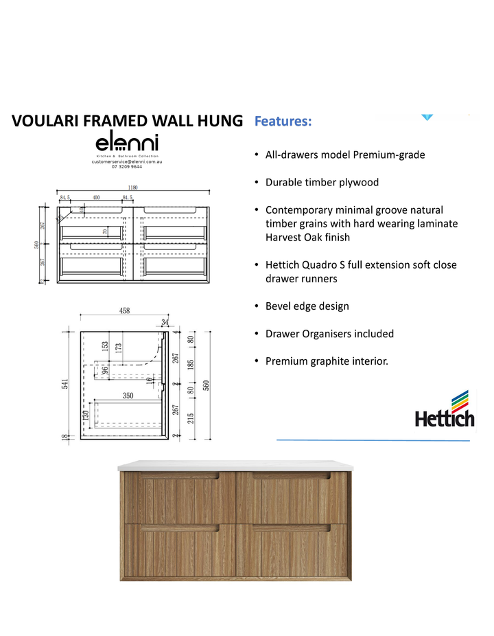 Elenni specification sheet - Voulari Framed Wall Hung Harvest Oak 1200mm