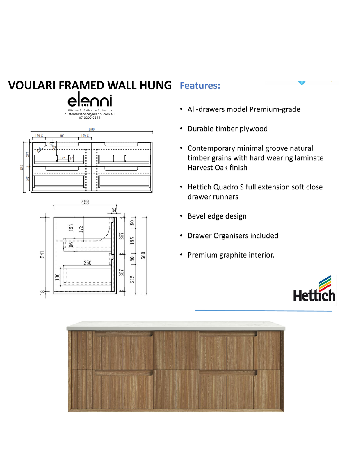 Elenni specification sheet - Voulari Framed Wall Hung Harvest Oak 1500mm