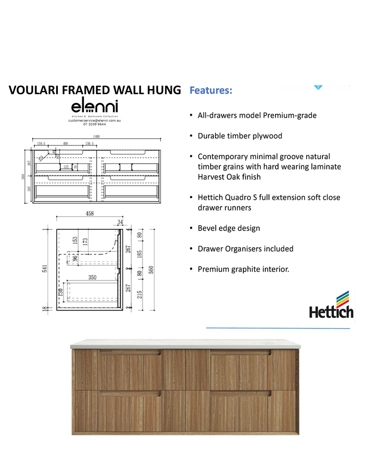 Elenni specification sheet - Voulari Framed Wall Hung Harvest Oak 1500mm