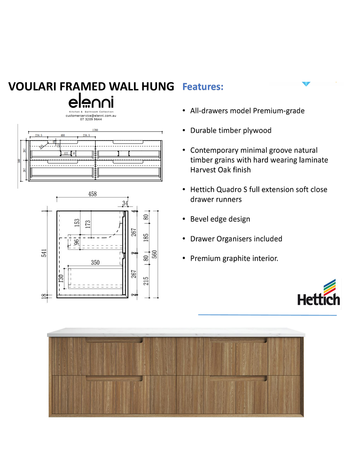 Elenni specification sheet - Voulari Framed Wall Hung Harvest Oak 1800mm
