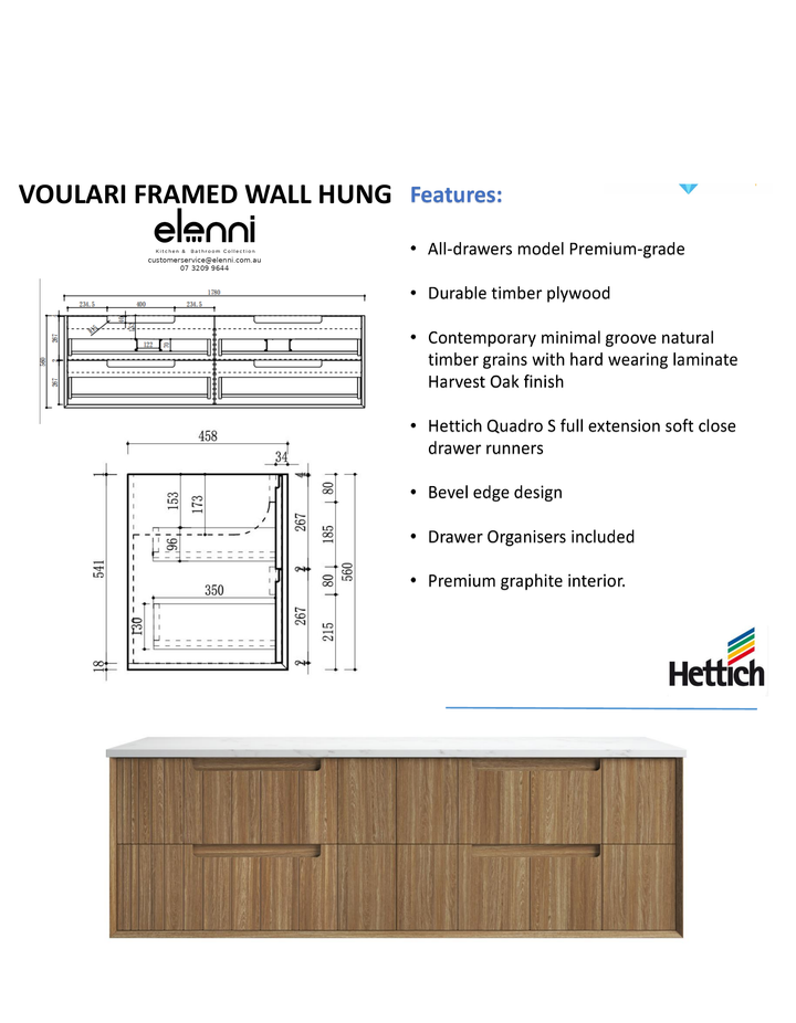 Elenni specification sheet - Voulari Framed Wall Hung Harvest Oak 1800mm