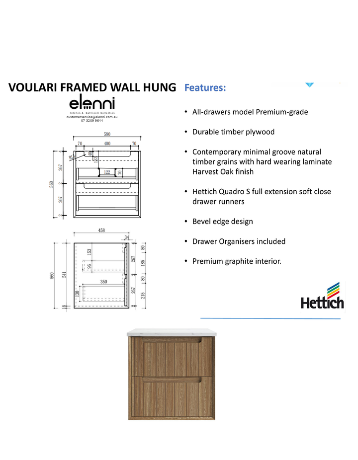 Elenni specification sheet - Voulari Framed Wall Hung Harvest Oak 600mm