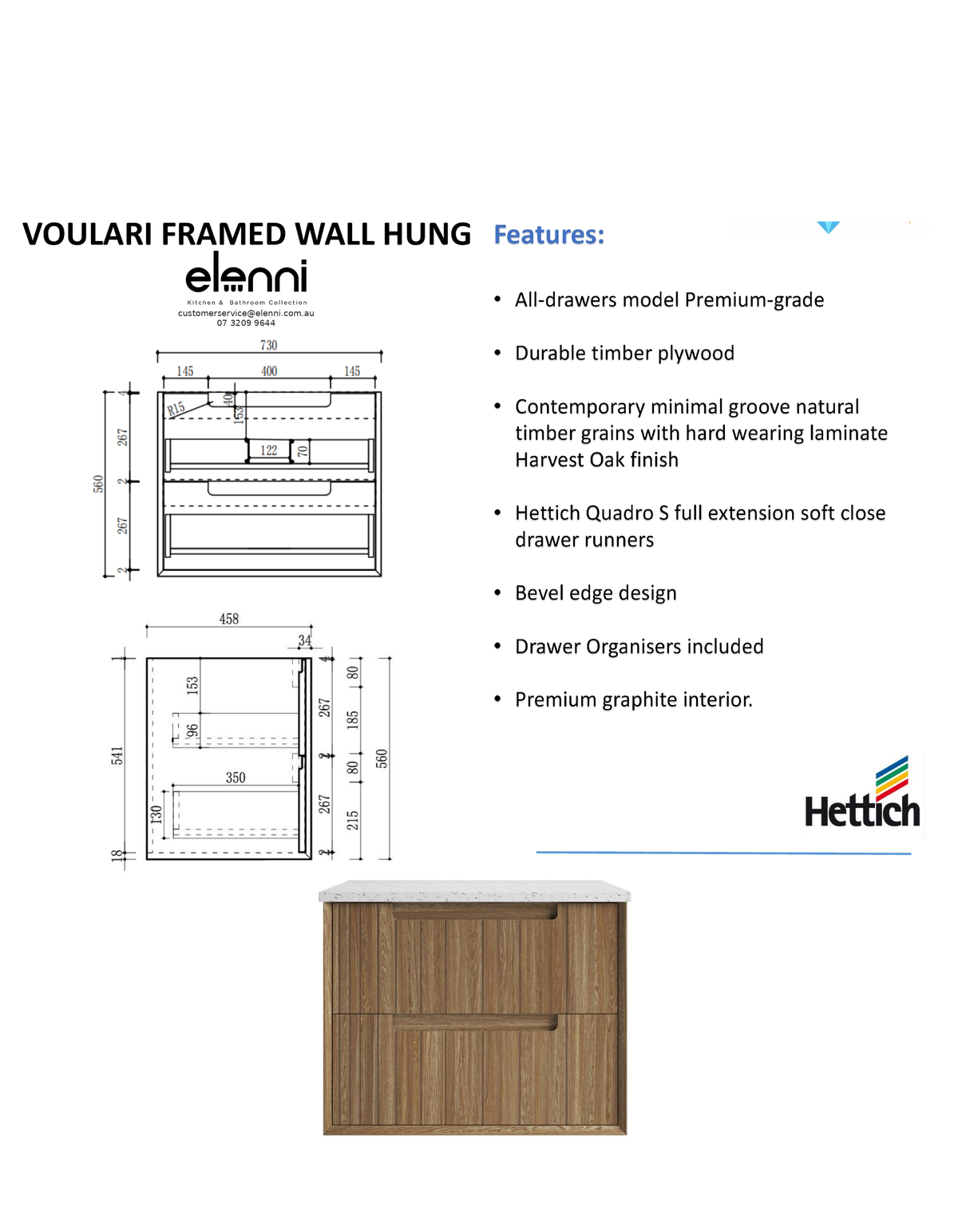 Elenni specification sheet - Voulari Framed Wall Hung Harvest Oak 750mm