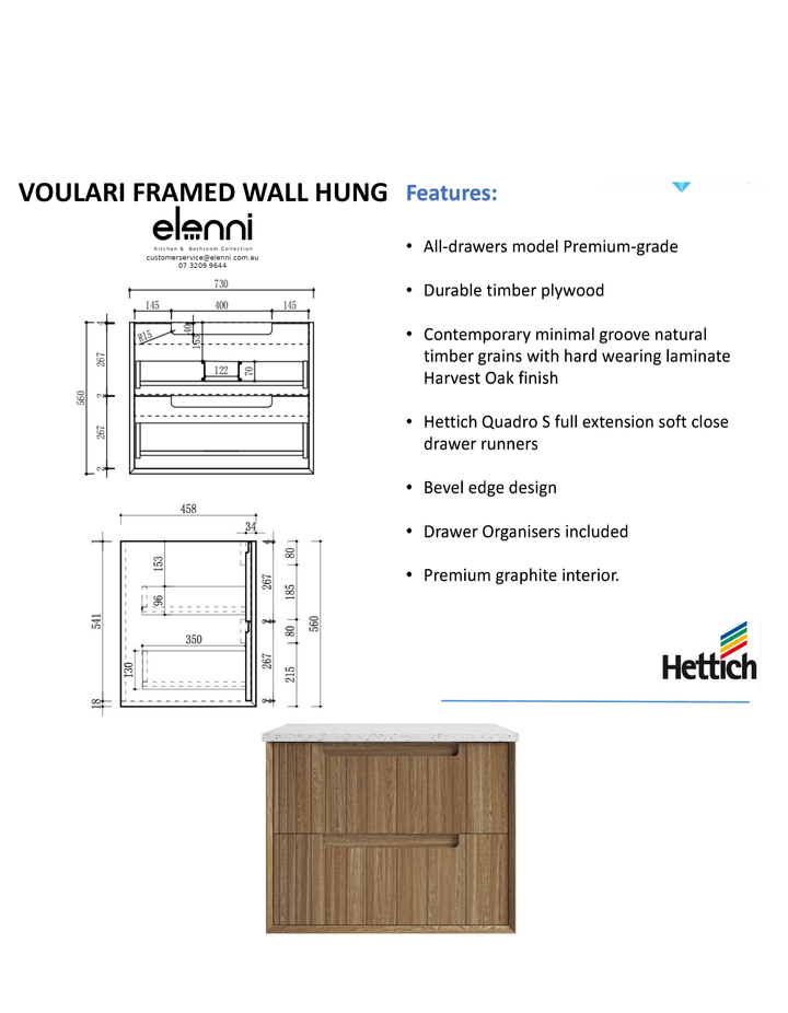 Elenni specification sheet - Voulari Framed Wall Hung Harvest Oak 750mm