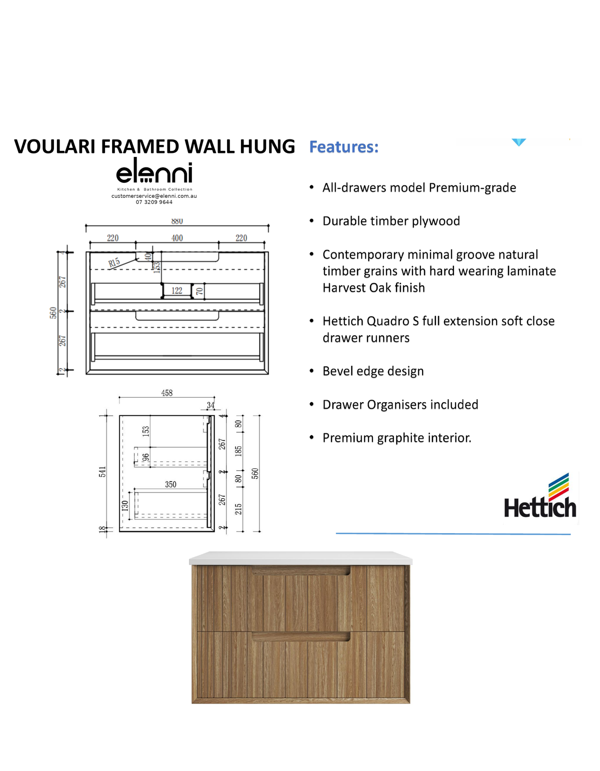 Elenni specification sheet - Voulari Framed Wall Hung Harvest Oak 900mm