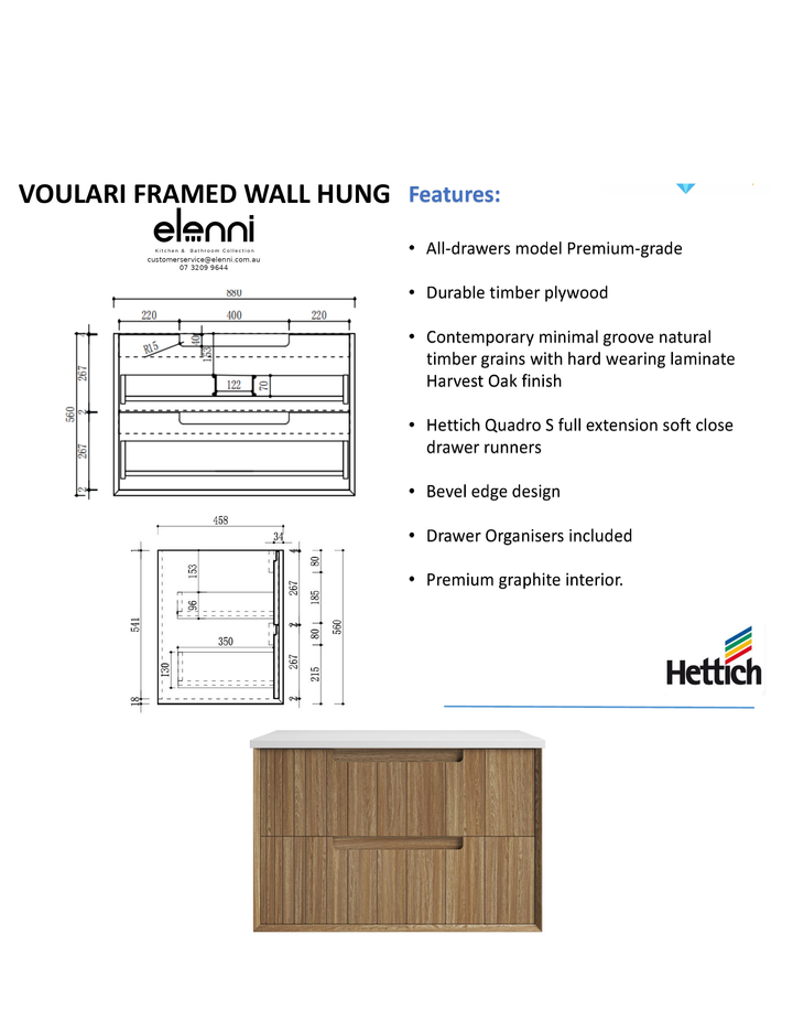 Elenni specification sheet - Voulari Framed Wall Hung Harvest Oak 900mm