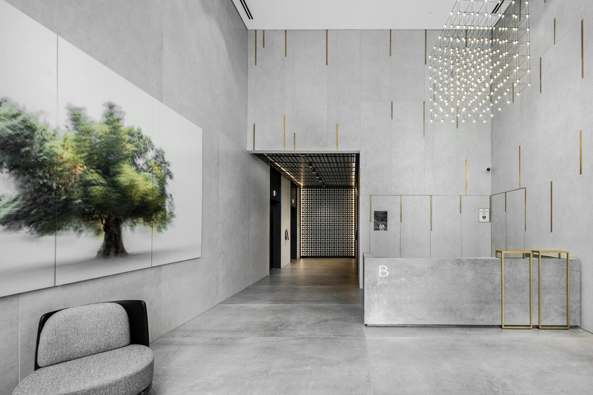 Dekton Soke in a hallway and living area