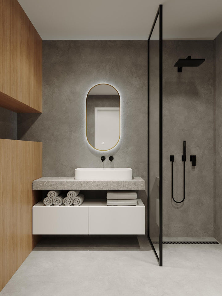 Framed O Series Oval LED Mirror Baltic Brass lifestyle view