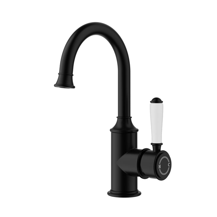 Clasico Basin Mixer Gooseneck / Ceramic Handle - Matt Black