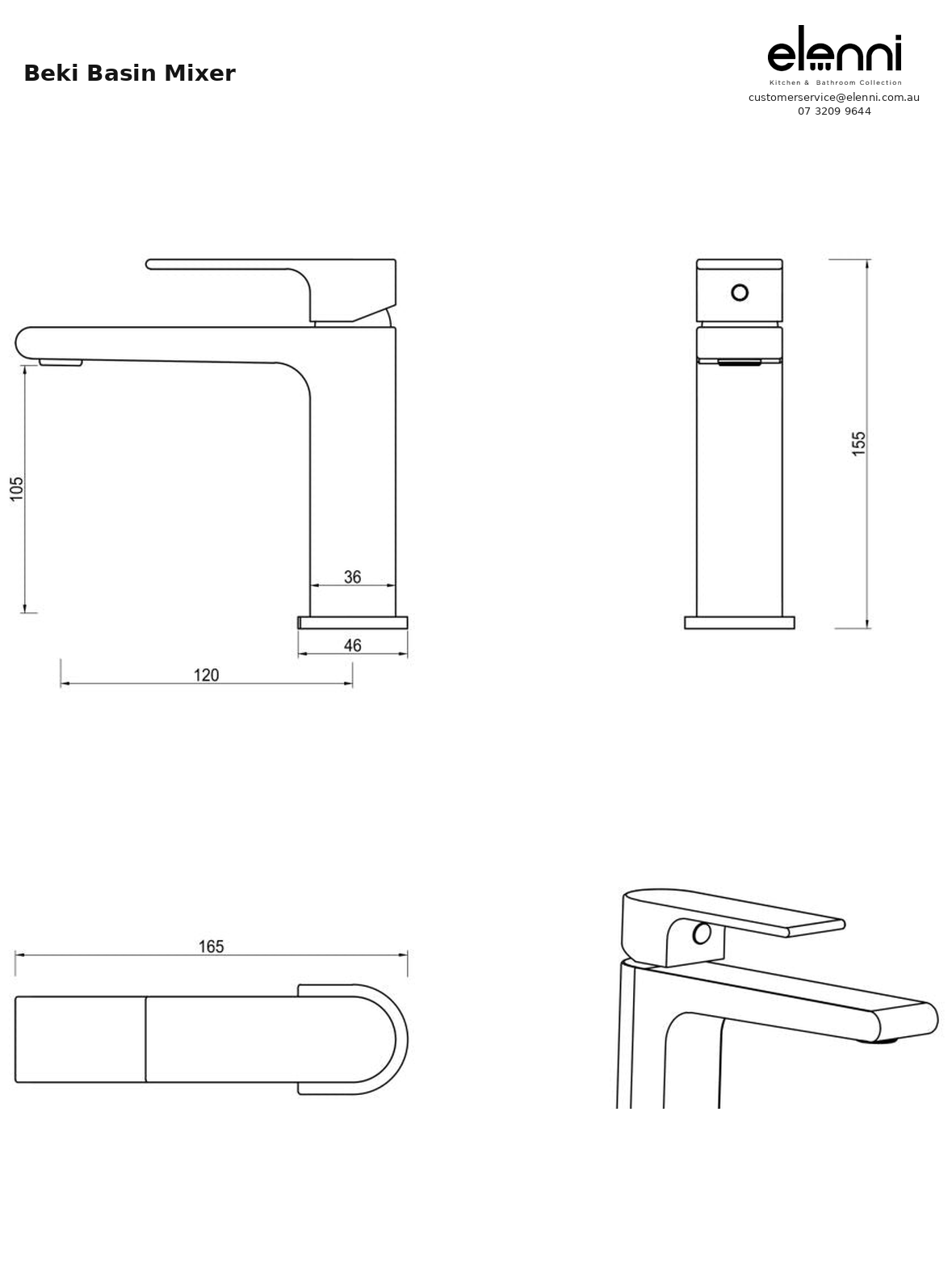 Elenni specification sheet - Beki Basin Mixer