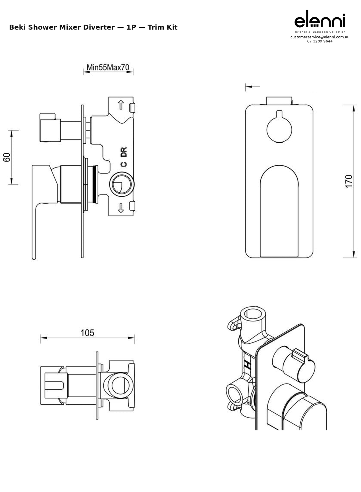 Elenni specification sheet - Beki Shower Mixer Diverter - 1P - Trim Kit