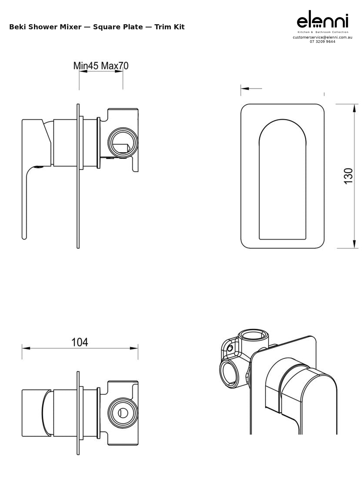Elenni specification sheet - Beki Shower Mixer - Square Plate - Trim Kit