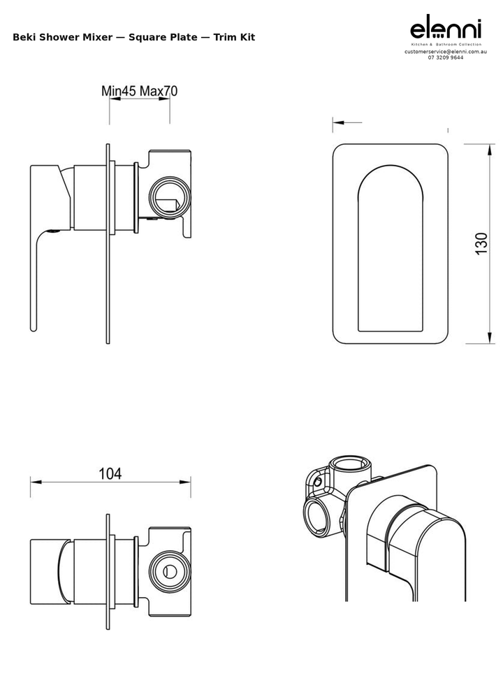 Elenni specification sheet - Beki Shower Mixer - Square Plate - Trim Kit