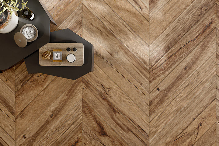 Bona Chevron XL Nut Timber Look Porcelain Tile installed