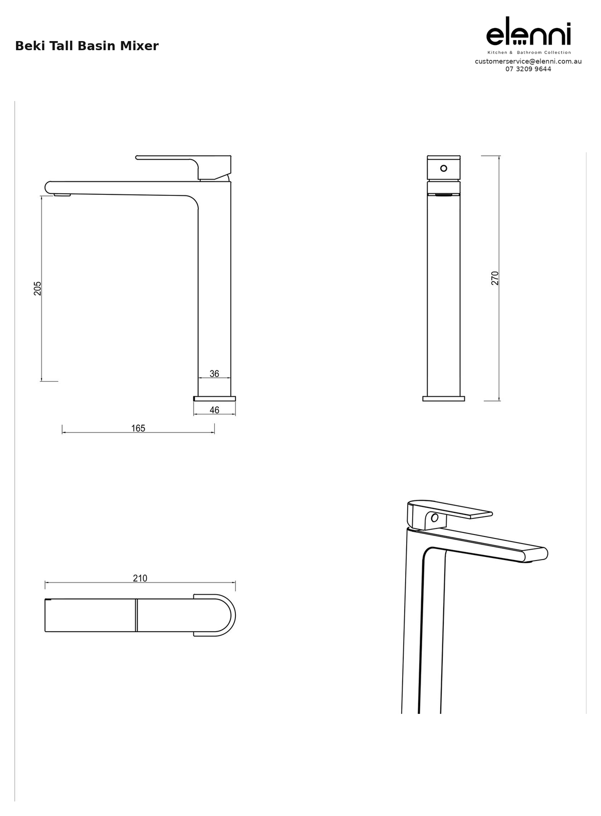 Elenni specification sheet - Beki Tall Basin Mixer