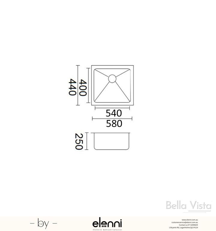 Luminare Sink 580 x 440mm - Gunmetal - Elenni specification drawing