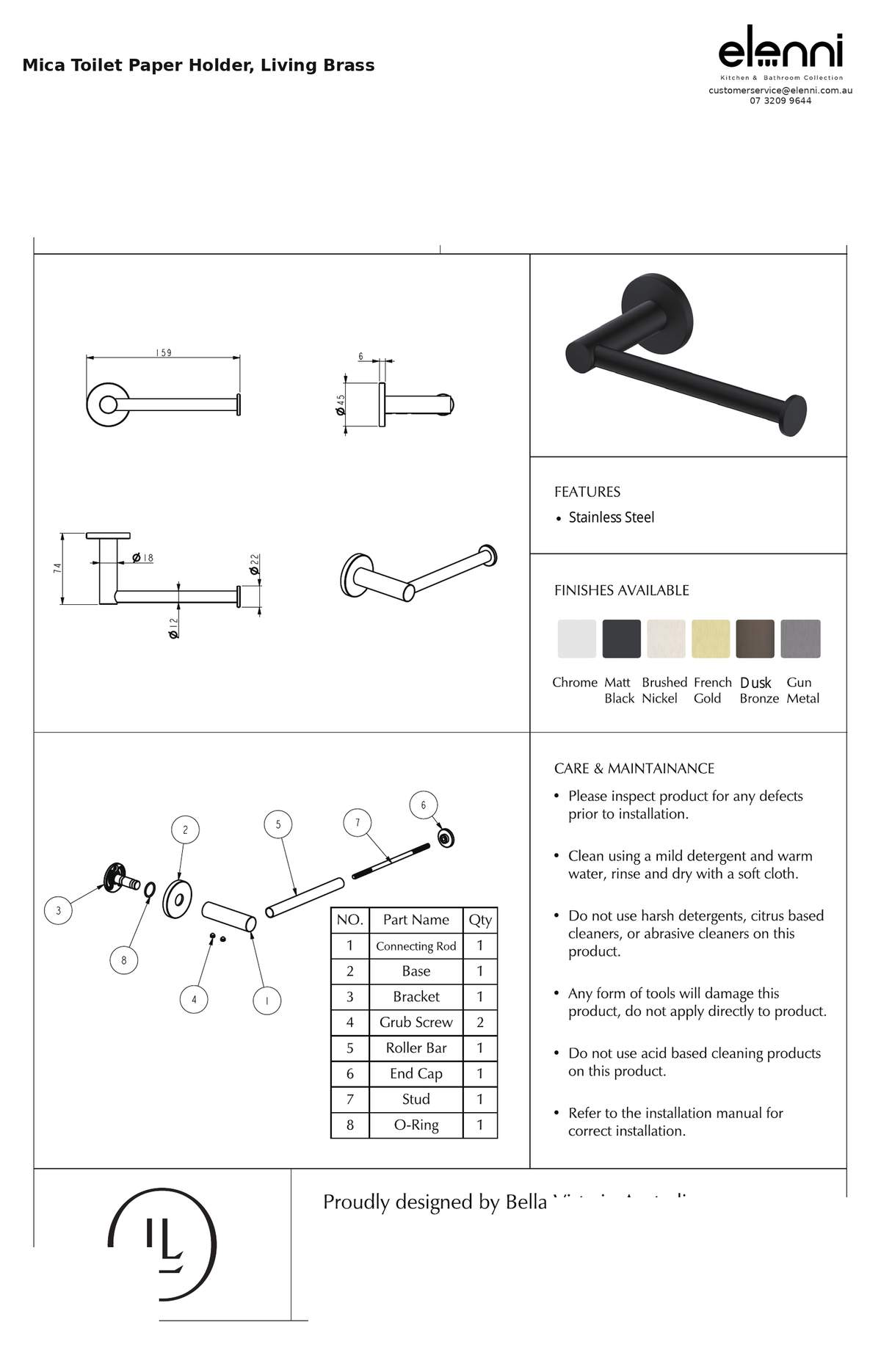 Elenni specification sheet — Mica Toilet Paper Holder, Living Brass