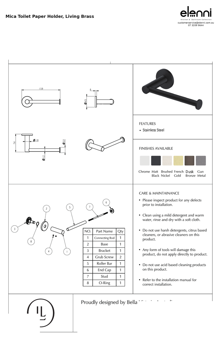 Elenni specification sheet — Mica Toilet Paper Holder, Living Brass