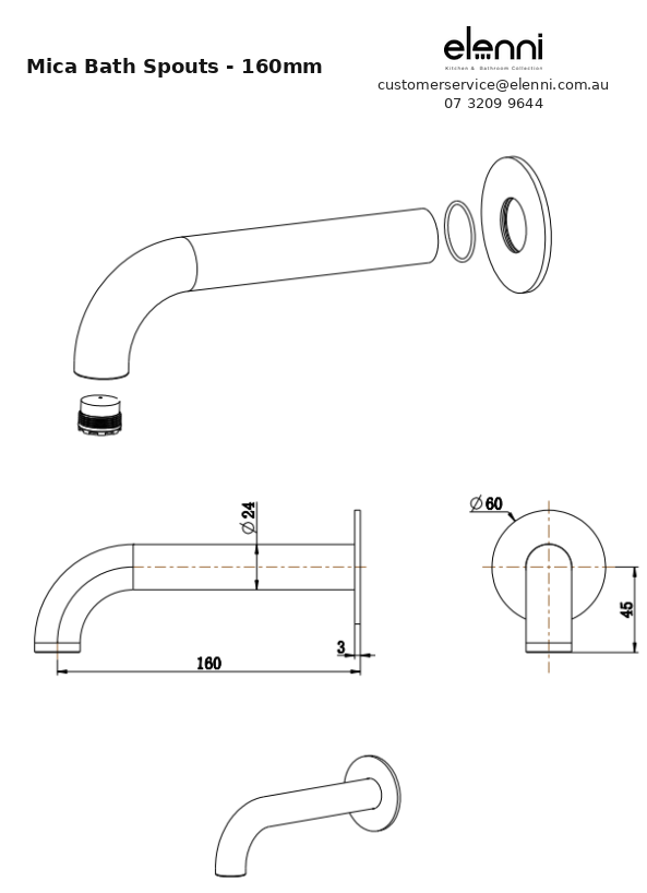 Mica Bath Spouts - 160mm - Elenni specification drawing