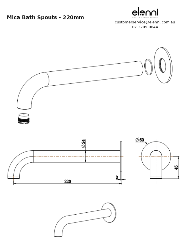 Mica Bath Spouts - 220mm - Elenni specification drawing