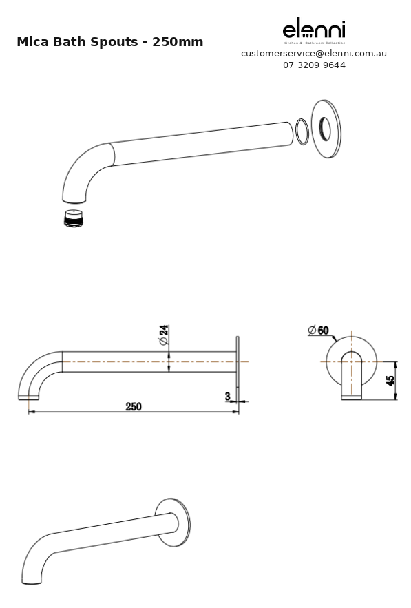 Mica Bath Spouts - 250mm - Elenni specification drawing