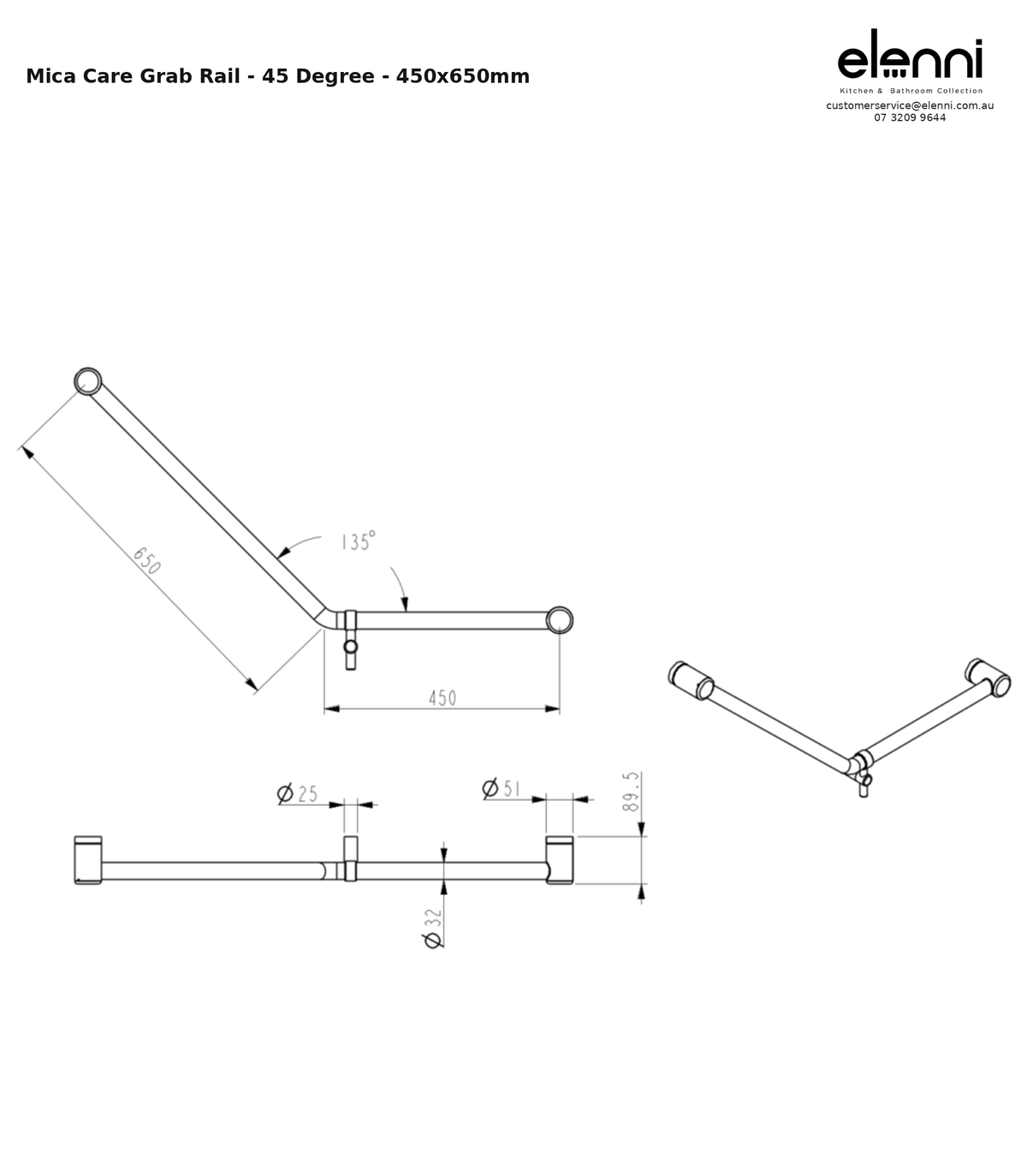 Elenni specification sheet - Mica Care Grab Rail - 45 Degree - 450x650mm