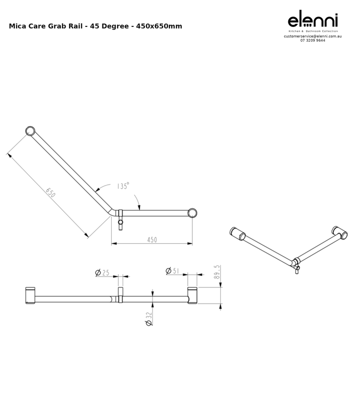 Elenni specification sheet - Mica Care Grab Rail - 45 Degree - 450x650mm