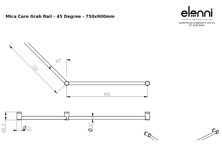 Elenni specification sheet - Mica Care Grab Rail - 45 Degree - 750x900mm