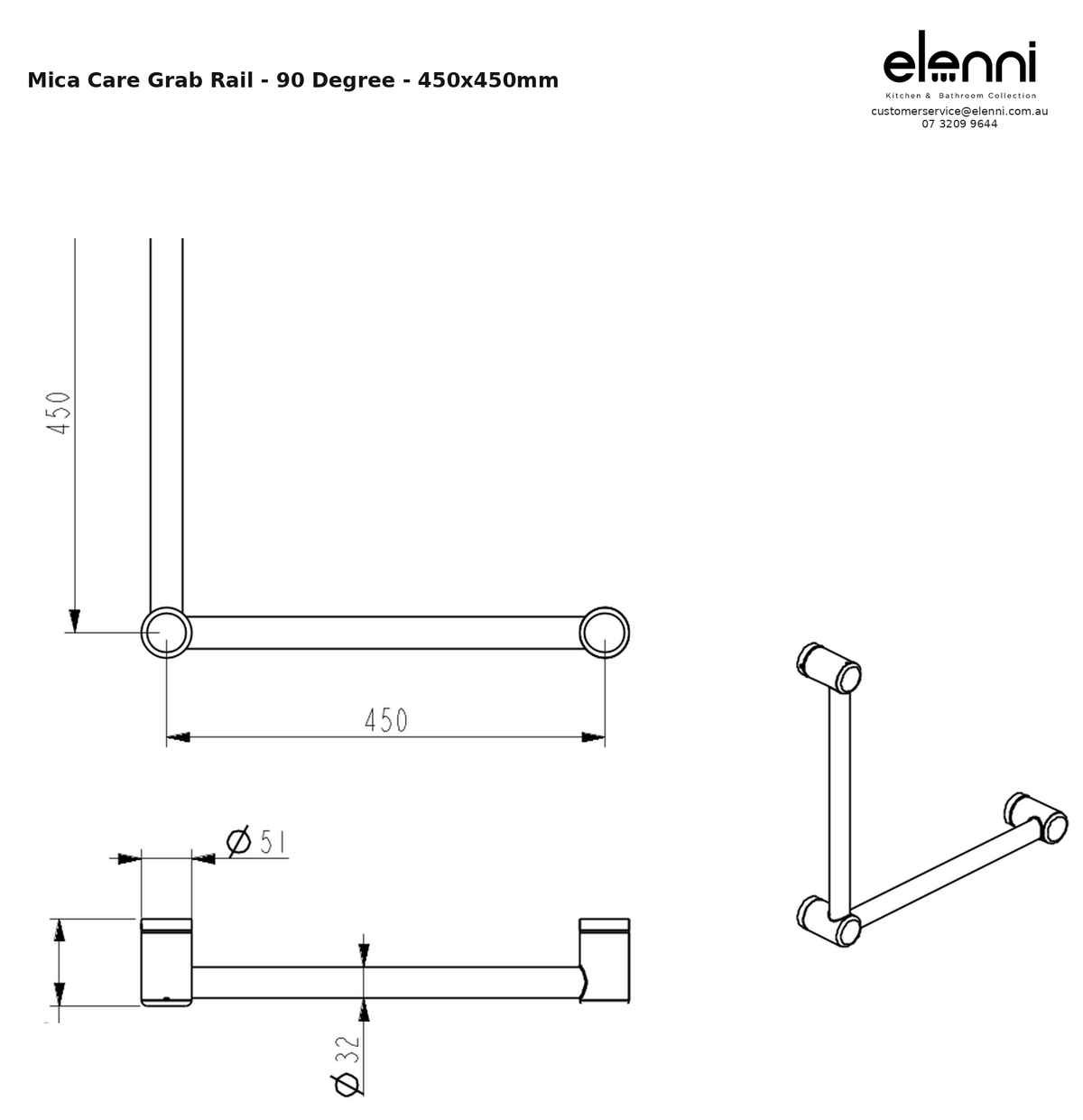 Elenni specification sheet - Mica Care Grab Rail - 90 Degree - 450x450mm