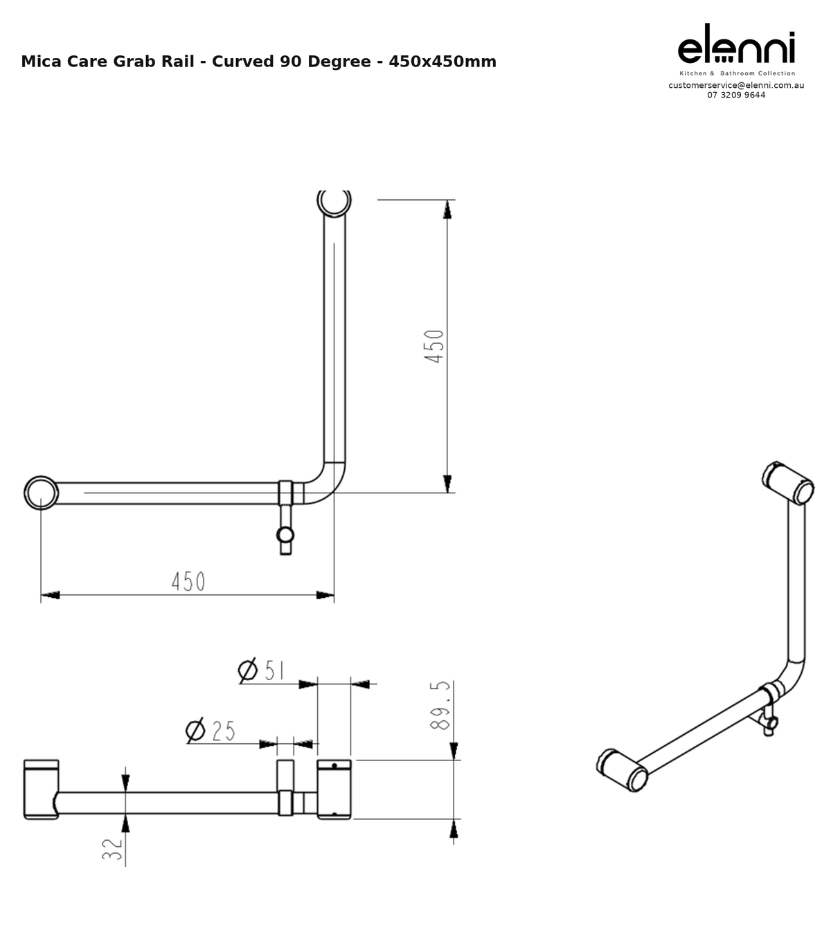 Elenni specification sheet - Mica Care Grab Rail - Curved 90 Degree - 450x450mm