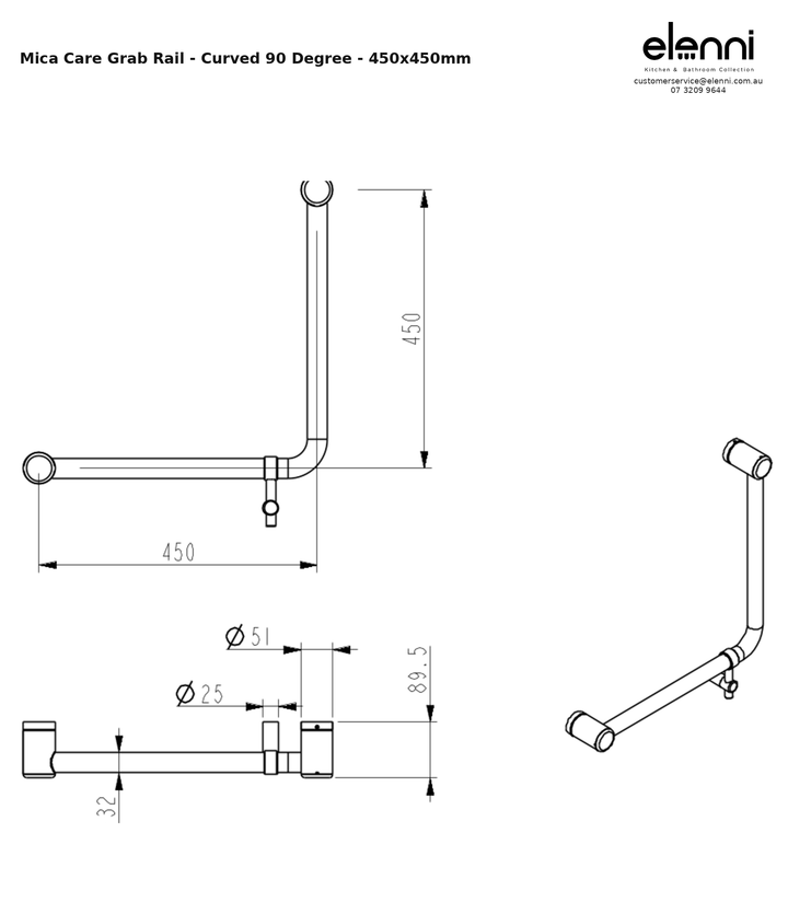 Elenni specification sheet - Mica Care Grab Rail - Curved 90 Degree - 450x450mm